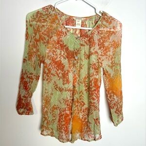 Sundance silk floral shirt orange green sheer light button down XS